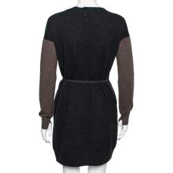 Pre Owned Loro Piana Dark Grey Two Toned Cashmere & Suede Trimmed Belted Dress M