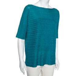 Pre Owned Loro Piana Blue Patterned Linen & Silk Knit Short Sleeve Top M 