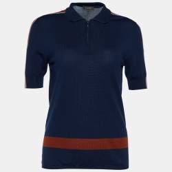Pre Owned Loro Piana Navy Blue Striped Wool Knit Zip Up Polo Sweater M