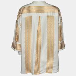 Pre Owned Loro Piana White Striped Silk Half Button Shirt L