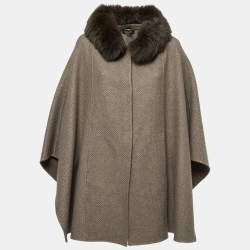 Pre Owned Loro Piana Brown Baby Cashmere Fur Trimmed Collar Cape Coat One Size