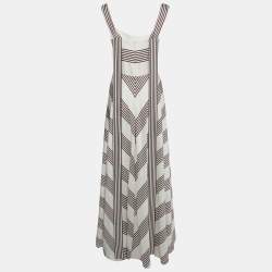 Pre Owned Loro Piana White Striped Patterned Silk Sleeveless Maxi Dress M