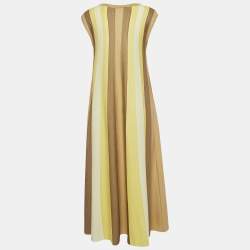 Pre Owned Loro Piana Yellow Stripe Cashmere Knit Sleeveless Flared Maxi Dress S