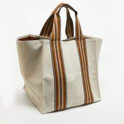 Loro Piana Beige/Brown Canvas Medium Cube The Suitcase Stripe Tote