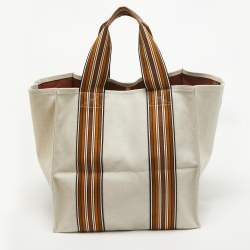 Loro Piana Beige/Brown Canvas Medium Cube The Suitcase Stripe Tote