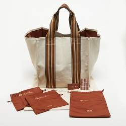 Loro Piana Beige/Brown Canvas Medium Cube The Suitcase Stripe Tote
