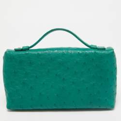 Pre Owned Loro Piana Green Ostrich Zip L19 Pouch