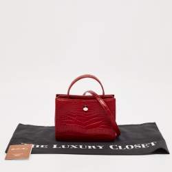 Loro Piana Red Croc Embossed Leather Cluisee Top Handle Bag