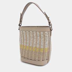 Pre Owned Loro Piana Beige Leather And Woven Straw Artemis Woven Bucket Bag