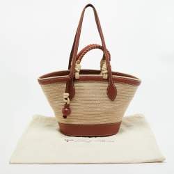 مملوكة مسبقًا Loro Piana Brown/Cream Leather and Raffia Bucket Bag