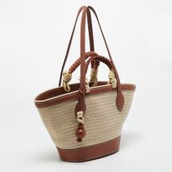مملوكة مسبقًا Loro Piana Brown/Cream Leather and Raffia Bucket Bag