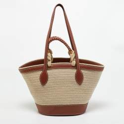 مملوكة مسبقًا Loro Piana Brown/Cream Leather and Raffia Bucket Bag