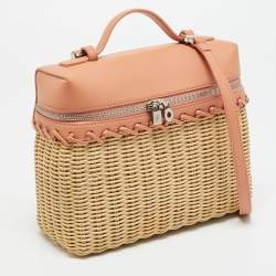 مملوكة مسبقًا حقيبة لورو بيانا شمال جنوب L19 جلد وقش بني/بيج كبيرة الحجم ذات جيب إضافي