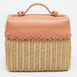 مملوكة مسبقًا حقيبة لورو بيانا شمال جنوب L19 جلد وقش بني/بيج كبيرة الحجم ذات جيب إضافي