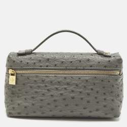 Pre Owned Loro Piana L19 Grey Ostrich Extra Pocket Pouch Clutch