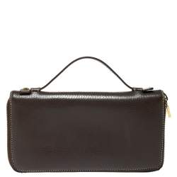 Pre Owned Loro Piana Dark Grey Leather Zip Around Pouch