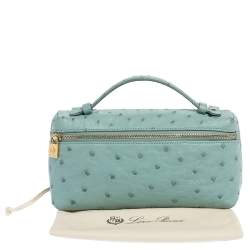 Pre Owned Loro Piana Light Blue Ostrich Zip Pouch