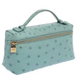 Pre Owned Loro Piana Light Blue Ostrich Zip Pouch