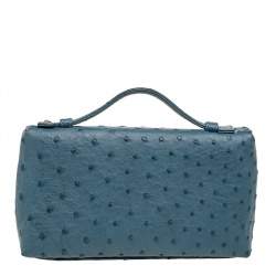 Pre Owned Loro Piana Teal Ostrich Zip L19 Pouch