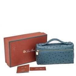 Pre Owned Loro Piana Teal Ostrich Zip L19 Pouch