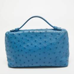 Pre Owned Loro Piana Blue Ostrich Leather Zip Pouch