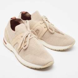 Pre Owned Loro Piana Beige Knit Fabric and Leather 360 LP Lady Flexi Walk Sneakers Size 35.5