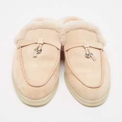 Pre Owned Loro Piana Peach Suede Babouche Charms Walk Flat Mules Size 37
