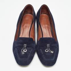 Pre Owned Loro Piana Navy Blue Suede Summer Charms Walk Block Heel Pumps Size 36.5
