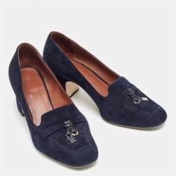 Pre Owned Loro Piana Navy Blue Suede Summer Charms Walk Block Heel Pumps Size 36.5