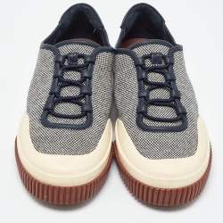 Pre Owned Loro Piana Cream/Navy Blue Canvas and Leather Low Top Sneakers Size 39
