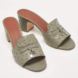 Pre Owned Loro Piana Grey Ostrich Leather Summer Charms Slide Sandals Size 40