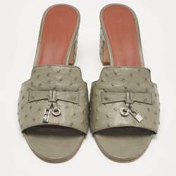 Pre Owned Loro Piana Grey Ostrich Leather Summer Charms Slide Sandals Size 40
