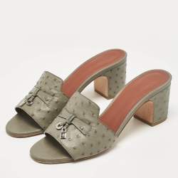 Pre Owned Loro Piana Grey Ostrich Leather Summer Charms Slide Sandals Size 40