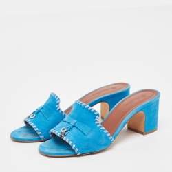Pre Owned Loro Piana Blue Suede Slide Sandals Size 39