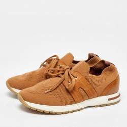 Pre Owned Loro Piana Brown Knit Fabric 360 LP Flexy Walk Low Top Sneakers Size 38