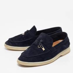 Pre Owned Loro Piana Navy Blue Nubuck Leather Summer Charms Walk Loafers Size 36