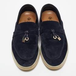 Pre Owned Loro Piana Navy Blue Nubuck Leather Summer Charms Walk Loafers Size 36