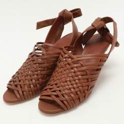Pre Owned Loro Piana Brown Woven Leather Di Agnello Ankle Strap Sandals Size 37