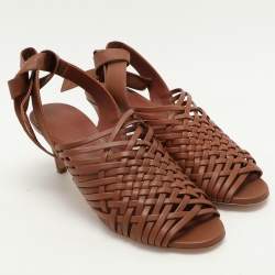 Pre Owned Loro Piana Brown Woven Leather Di Agnello Ankle Strap Sandals Size 37