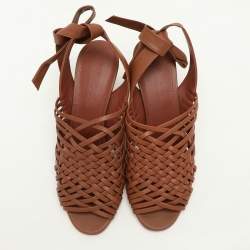 Pre Owned Loro Piana Brown Woven Leather Di Agnello Ankle Strap Sandals Size 37