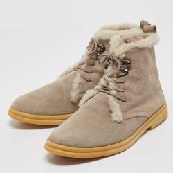 Pre Owned Loro Piana Grey Suede and Fur Open Walk Ankle Length Boots Size 37