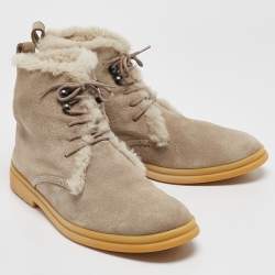 Pre Owned Loro Piana Grey Suede and Fur Open Walk Ankle Length Boots Size 37