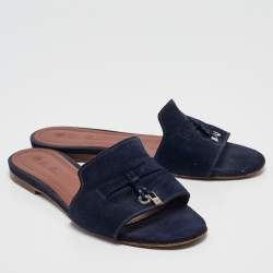 Loro Piana Blue Suede Summer Charms Flat Sandals Size 38