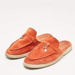 Pre Owned Loro Piana Orange Suede Babouche Charms Walk Mules Size 37.5