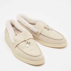 Loro Piana Grey Shearling Fur and Suede Summer Charms Walk Loafers Size 36