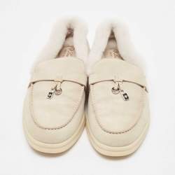 Loro Piana Grey Shearling Fur and Suede Summer Charms Walk Loafers Size 36