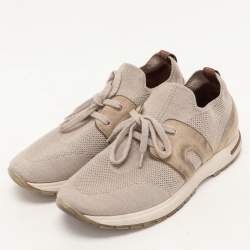 Pre Owned Loro Piana Beige Knit Fabric and Suede 360 LP Flexy Walk Low Top Sneakers Size 37