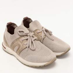 Pre Owned Loro Piana Beige Knit Fabric and Suede 360 LP Flexy Walk Low Top Sneakers Size 37