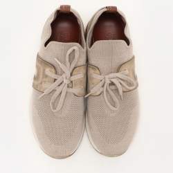 Pre Owned Loro Piana Beige Knit Fabric and Suede 360 LP Flexy Walk Low Top Sneakers Size 37