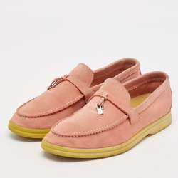 Pre Owned Loro Piana Pink Suede Summer Charms Walk Slip On Loafers Size 37